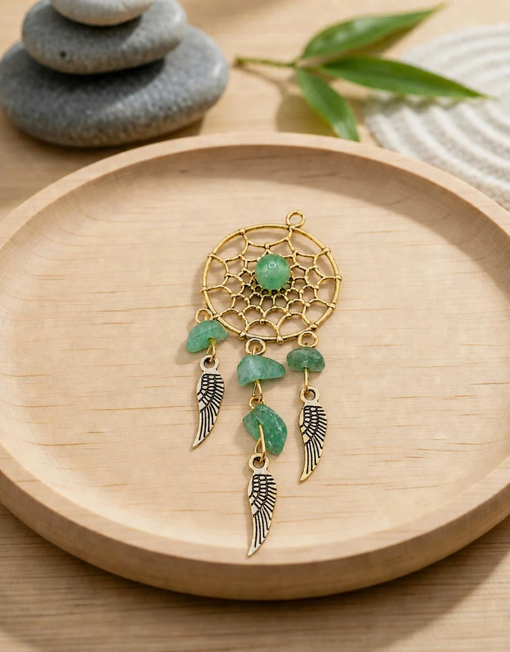Pendentif attrape rêve doré + Aventurine Verte (PEN-55)